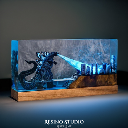 Godzilla City Rampage Resin Lamp, Wood Epoxy Night Light