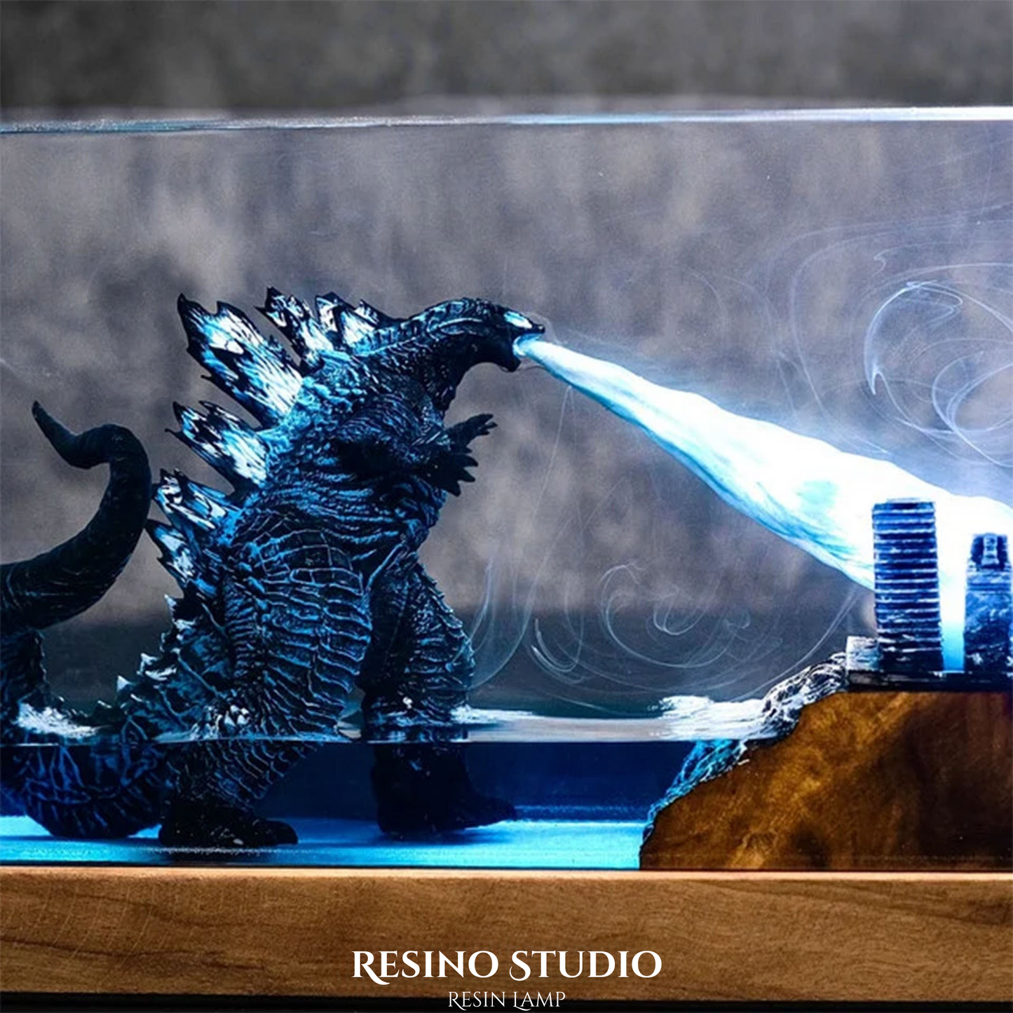 Godzilla City Rampage Resin Lamp, Wood Epoxy Night Light