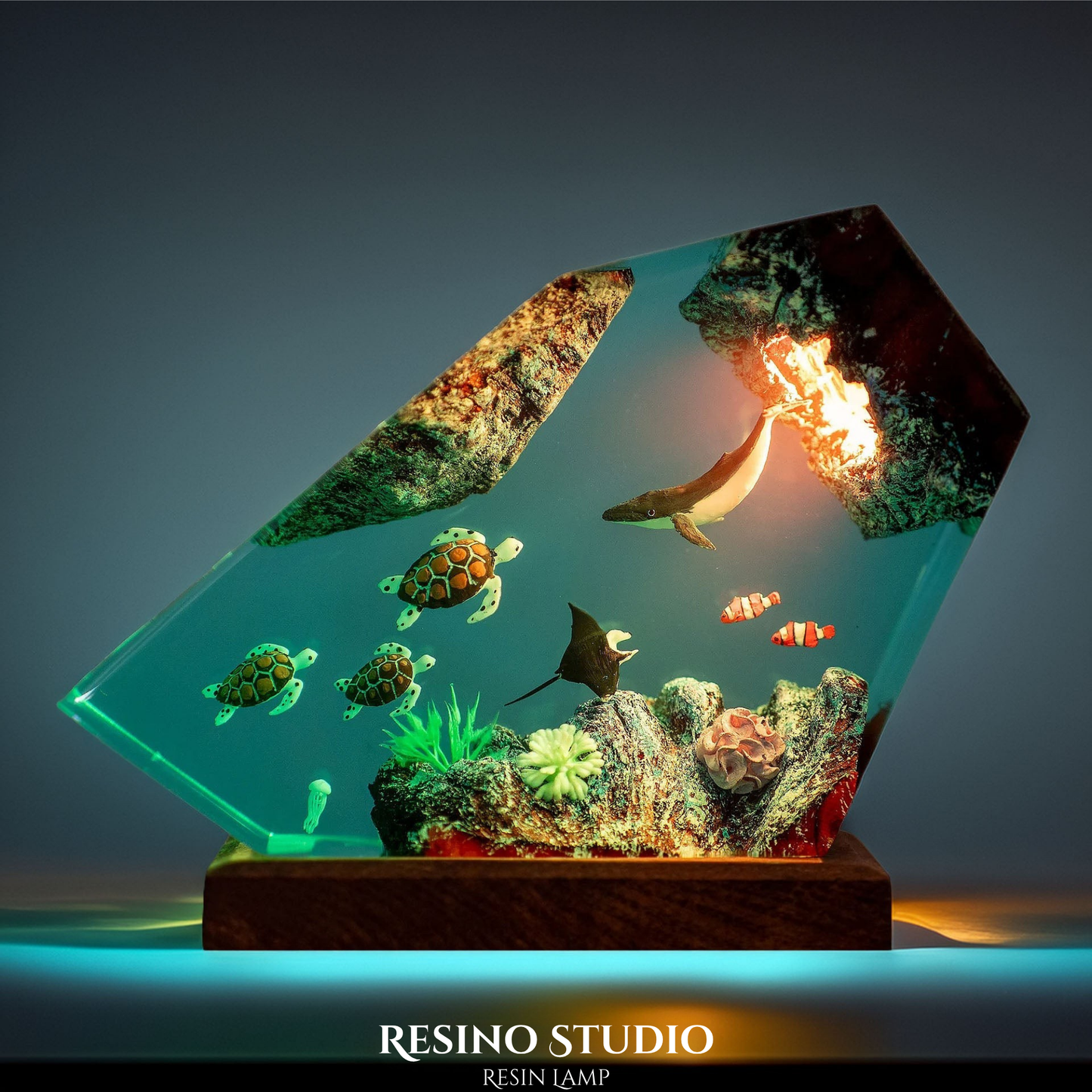 Orca & Sea Turtles Resin Lamp, Handmade Ocean Lamp