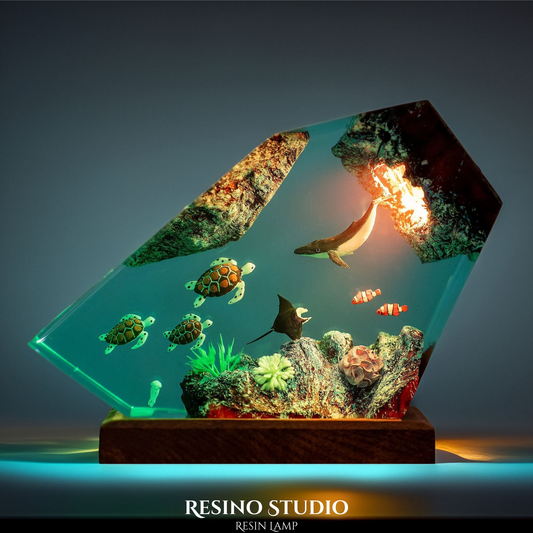 Orca & Sea Turtles Resin Lamp, Handmade Ocean Lamp